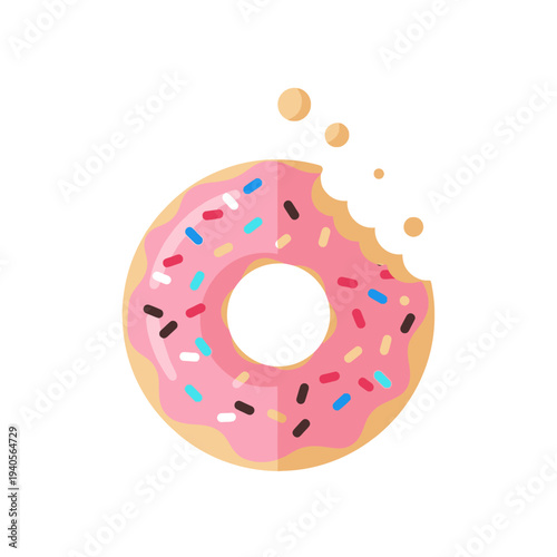Pink Frosted Donut with Sprinkles, Partially Eaten, Isolated on White Background