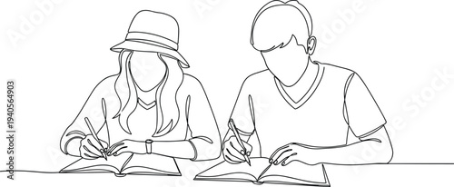 Minimalist continuous line drawing of a young couple or students sitting at a desk and writing in notebooks for education and learning concept.
