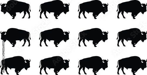 Black Bison Silhouette Collection Featuring American Buffalo Grazing And Standing Poses Set On Isolated White Background For Creative Graphic Design