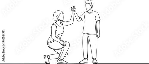 Minimalist continuous line art illustration of workers climbing and turning giant gears, industrial teamwork concept for mechanical engineering progress and business cooperation.