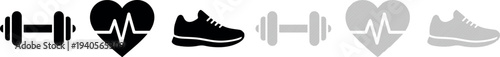 A professional icon set featuring three essential fitness symbols: a dumbbell for strength training, a heart with an ECG line representing cardiovascular health, and a running shoe for athletics