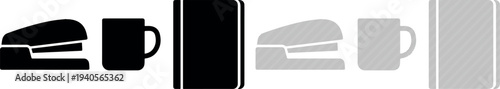 A versatile trio of essential office supply icons, showcasing a practical stapler, a classic coffee mug, and a professional notebook, rendered in both bold solid black and stylish striped designs