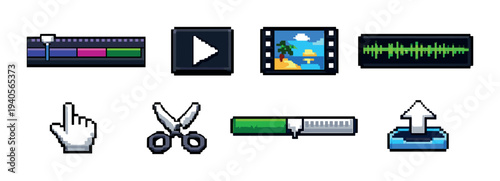 Video editing controls and icons on gray interface panel