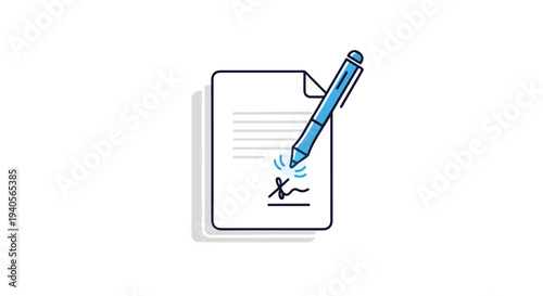 Document Signing Vector Icon with Blue Pen and Signature on White Background