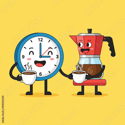 Happy Clock and Coffee Maker Characters Enjoying Coffee Together