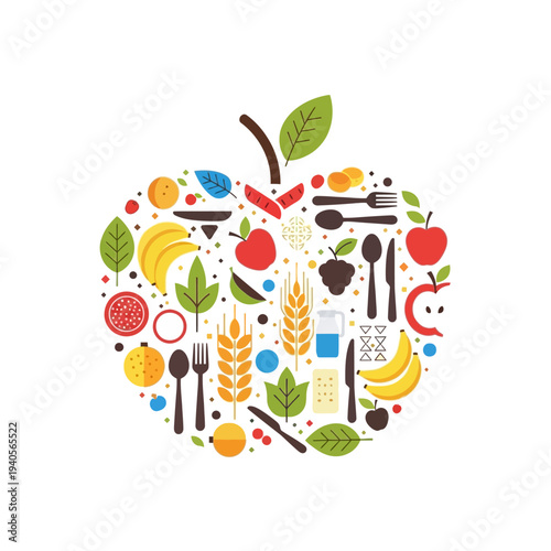 Healthy Food Apple Collage: Fruits, Vegetables, Grains, Utensils - Diet Concept