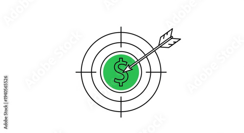 Financial target with arrow hitting dollar sign in green bullseye symbolizing investment success and profit goal
