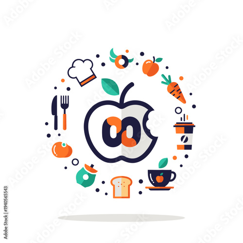 Healthy food concept, apple logo with fresh ingredients and kitchen icons circle