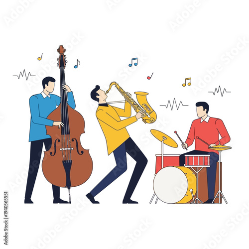 Jazz Band Playing Music: Saxophone, Double Bass, Drums, Musicians Performing Live