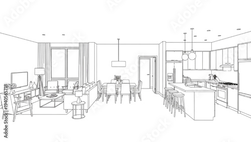 High Quality Black Line Art Contemporary Open-Plan Apartment Floor Plan, Living Dining Kitchen Layout, Thin CAD Line Weights, Minimal Architectural Blueprint Illustration