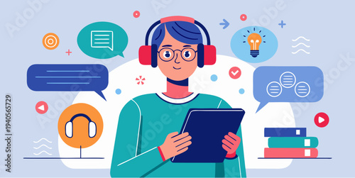 Person wearing headphones using tablet for online learning communication and digital media interaction illustration