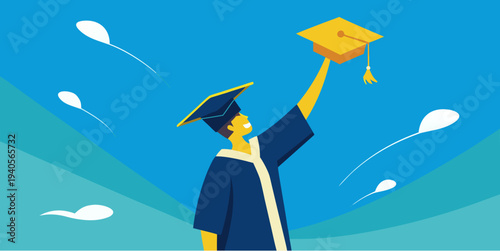 Graduate student raising graduation cap against blue sky celebrating education success achievement illustration