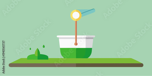 Water drop falling into glass with green liquid symbolizing water purification filtration and environmental sustainability illustration