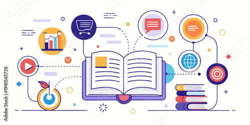 Open book with connected icons representing knowledge learning communication analytics and digital education illustration