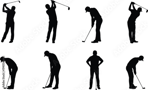 Black silhouettes of professional golfers in various swing poses, including backswing, follow-through, and putting stances, isolated on white background.