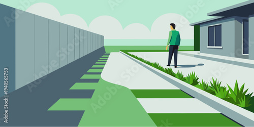 Man walking near modern house along pathway with fence in suburban neighborhood outdoor lifestyle illustration