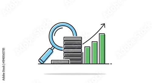 Business growth analysis with magnifying glass and increasing bar graph on white background detailed financial data examination