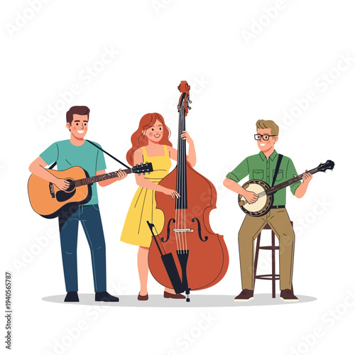 Bluegrass Band Performing Live: Guitar, Banjo, and Double Bass Musicians