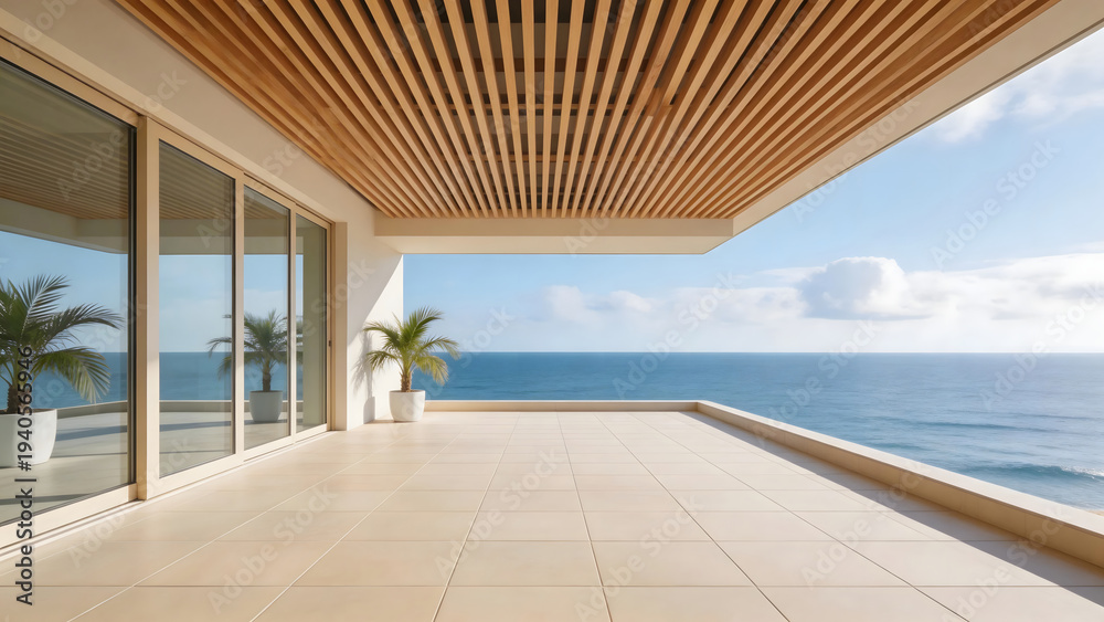 Fototapeta premium Modern Oceanfront Terrace with Wooden Ceiling