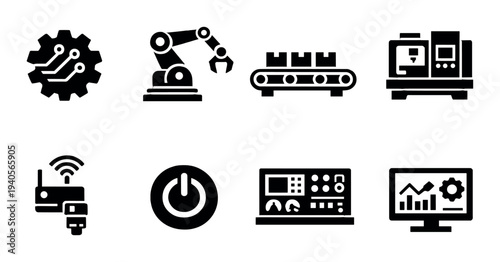 Manufacturing and industrial icons displayed on dark background