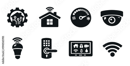 Smart home and automation icons arranged on dark background