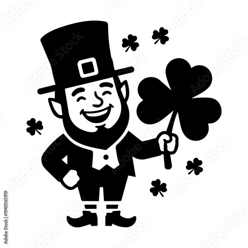 A cheerful leprechaun illustration holds a four leaf clover surrounded by additional clovers
