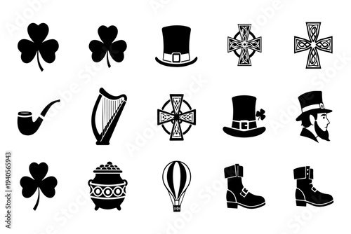 Collection of black silhouettes depicting iconic irish symbols and traditional elements