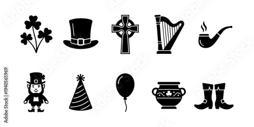 Collection of black silhouette icons representing irish culture and saint patrick s day
