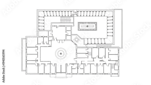 High Quality Black Line Art Architectural Blueprint of Ancient Roman Domus, Detailed Top View with Atrium, Impluvium, Tablinum, Cubicula and Peristyle Garden, Precise Technical Floor Plan Illustration