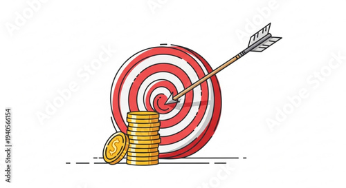 Bullseye target with arrow hitting center and stack of gold coins symbolizing financial success and goal achievement