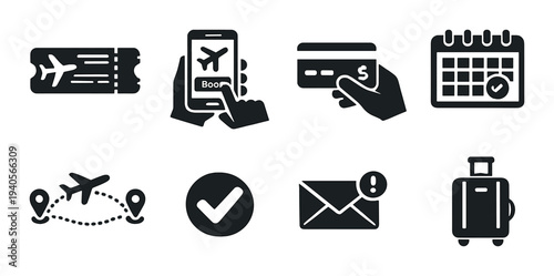 Booking and payment travel icons on dark gradient background