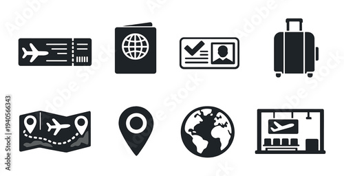 Travel documents and icons showing airport items on dark panel