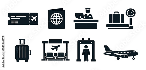 Airport service and travel icons showing check in and boarding