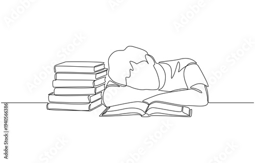 Continuous one line drawing of male college student dozing off with his head resting on open book, study exhaustion concept, single line art