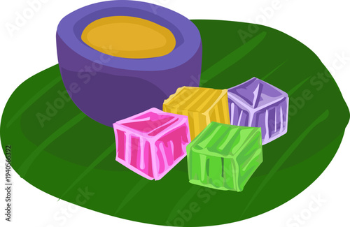 Thai Purple Taro Ball with Candy Cubes Banana Leaf Background