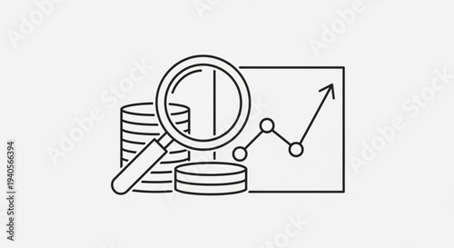 Financial analysis with coins magnifying glass and growing graph chart