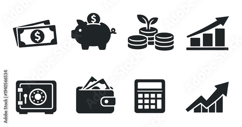 Money and growth icons arranged in grid on dark textured background