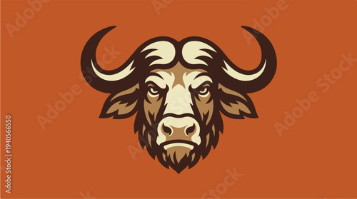 Illustration of a fierce buffalo head with large horns.