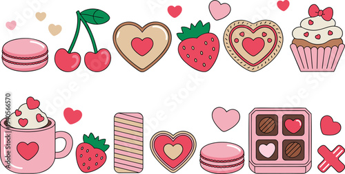 Charming collection of valentine's day sweets, snacks, and heart decorations with a lovely pink palette.