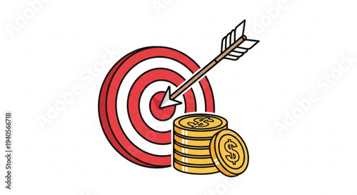 Bullseye target with arrow hitting center stacked gold coins with dollar sign symbolizing financial success and investment goals