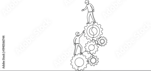 Successful business partnership handshake agreement on puzzle pieces with gear background, corporate teamwork cooperation for technical industrial solutions mechanical process vector illustration.