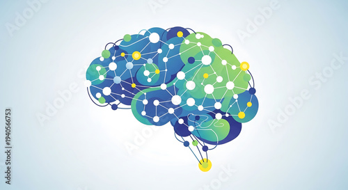 A colorful vector graphic illustration of a brain with a network of connections and nodes, representing ideas and innovation.