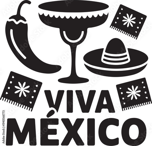 Viva Mexico chili pepper margarita glass sombrero papel picado