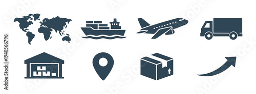 Logistics and transport icons arranged on dark gradient