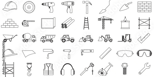 Versatile set of outline icons for construction tools, building machinery, and materials, ideal for industrial projects, architectural concepts, and digital applications