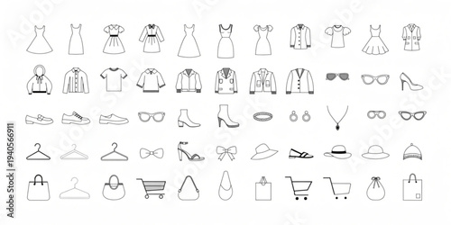 Comprehensive collection of diverse minimalist line art icons for fashion, clothing, accessories, and shopping, ideal for e-commerce and retail design projects