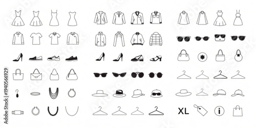 Extensive collection of outlined vector icons representing various fashion items, apparel, footwear, and accessories for modern design and e-commerce applications