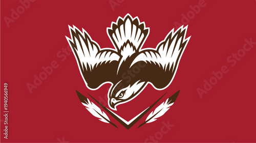 Eagle Emblem with Feathers on Red Background.