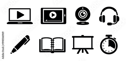 Multimedia and learning icons displayed on dark textured background
