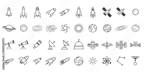 Collection of vector icons representing space exploration, celestial bodies, and astronomical instruments for graphic design projects